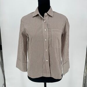Stateside Brown Poplin Stripped Button Up Collared Top Cropped Pocket XS